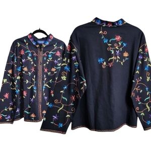 VTG Willow Ridge Black Floral Embroidered Button Up Jacket 2X Art To Wear